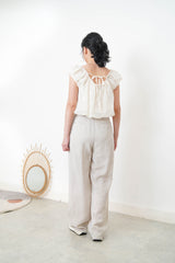 Beige chiffon balloon blouse w/ floral embroidery