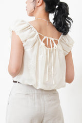 Beige chiffon balloon blouse w/ floral embroidery