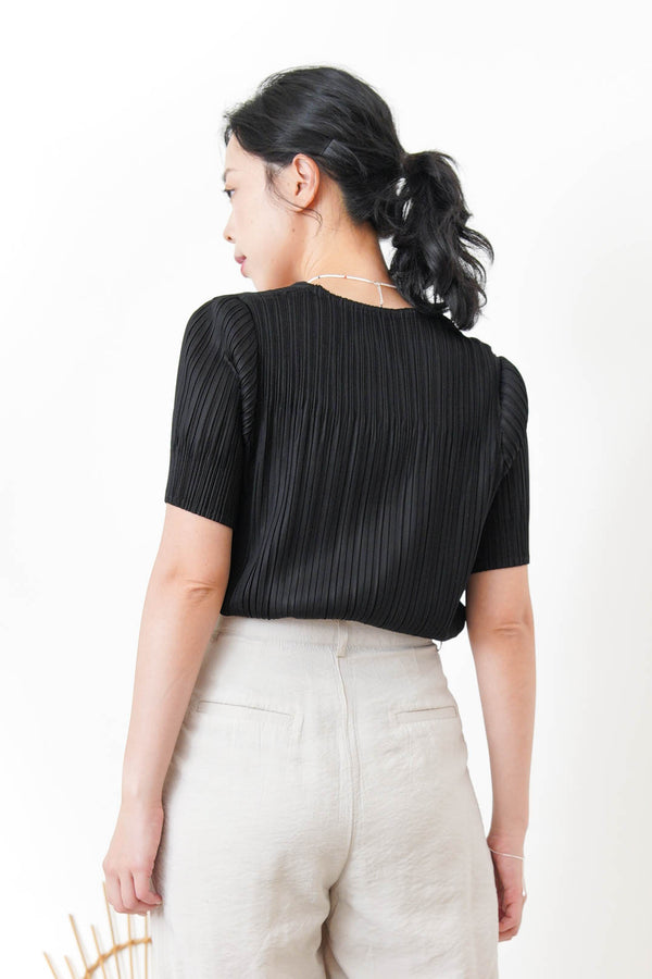 Black pleats v neck premium top
