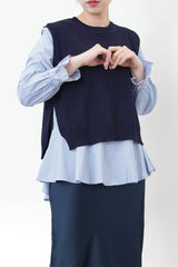 Blue stripes ruffle shirt w/ knit vest in set