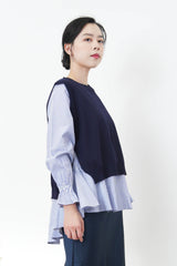 Blue stripes ruffle shirt w/ knit vest in set