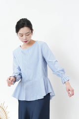 Blue stripes ruffle shirt w/ knit vest in set