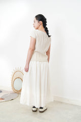 Beige elegant fine cut linen blouse w/ thin belt