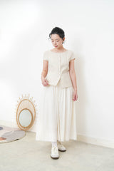 Beige elegant fine cut linen blouse w/ thin belt