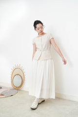 Beige elegant fine cut linen blouse w/ thin belt