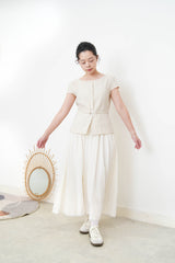 Beige elegant fine cut linen blouse w/ thin belt