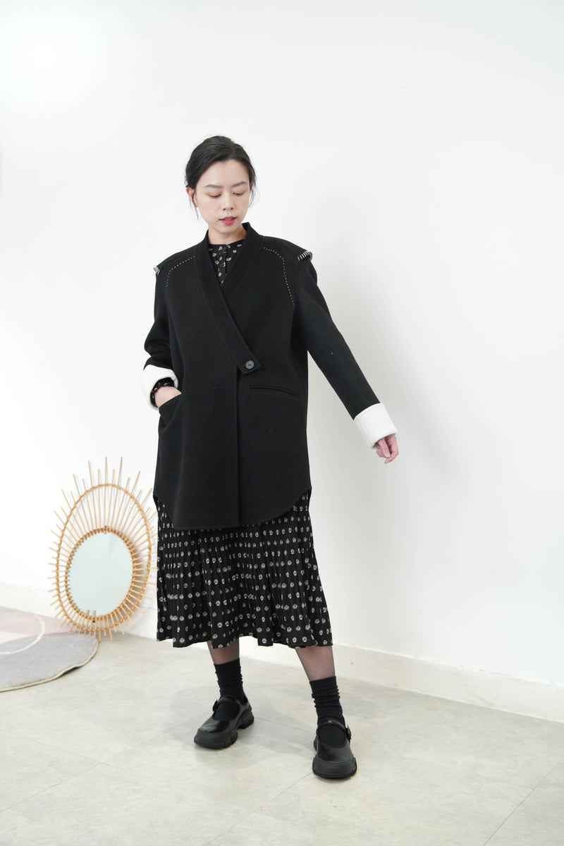 Black wool coat w/ detail outline design
