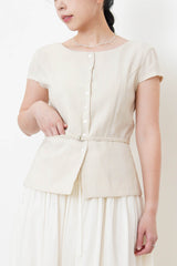 Beige elegant fine cut linen blouse w/ thin belt