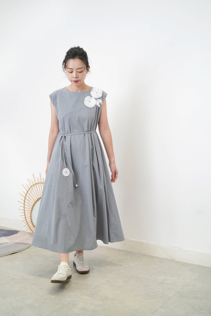 Grey blue 3D flower dress w/ strap