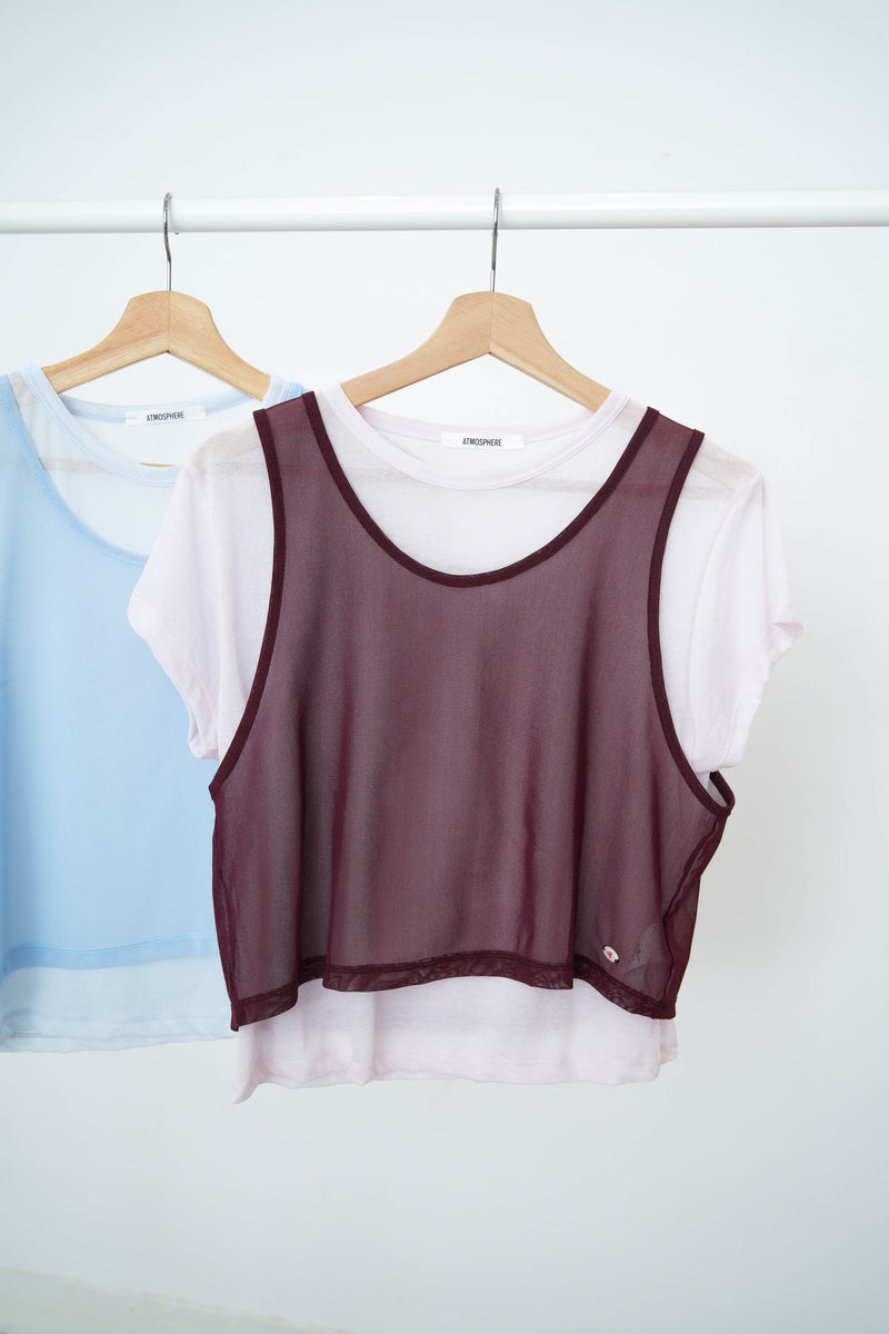 Baby pink thin tee w/ contrast mesh vest