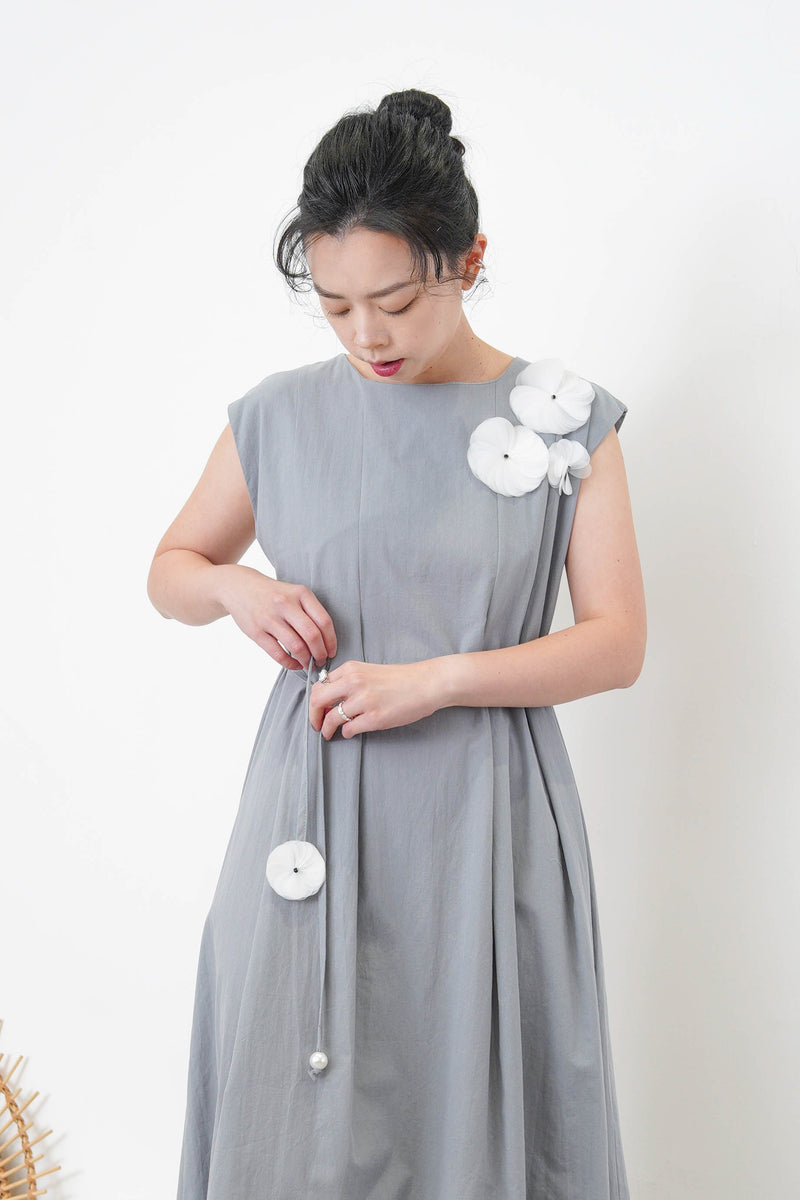 Grey blue 3D flower dress w/ strap