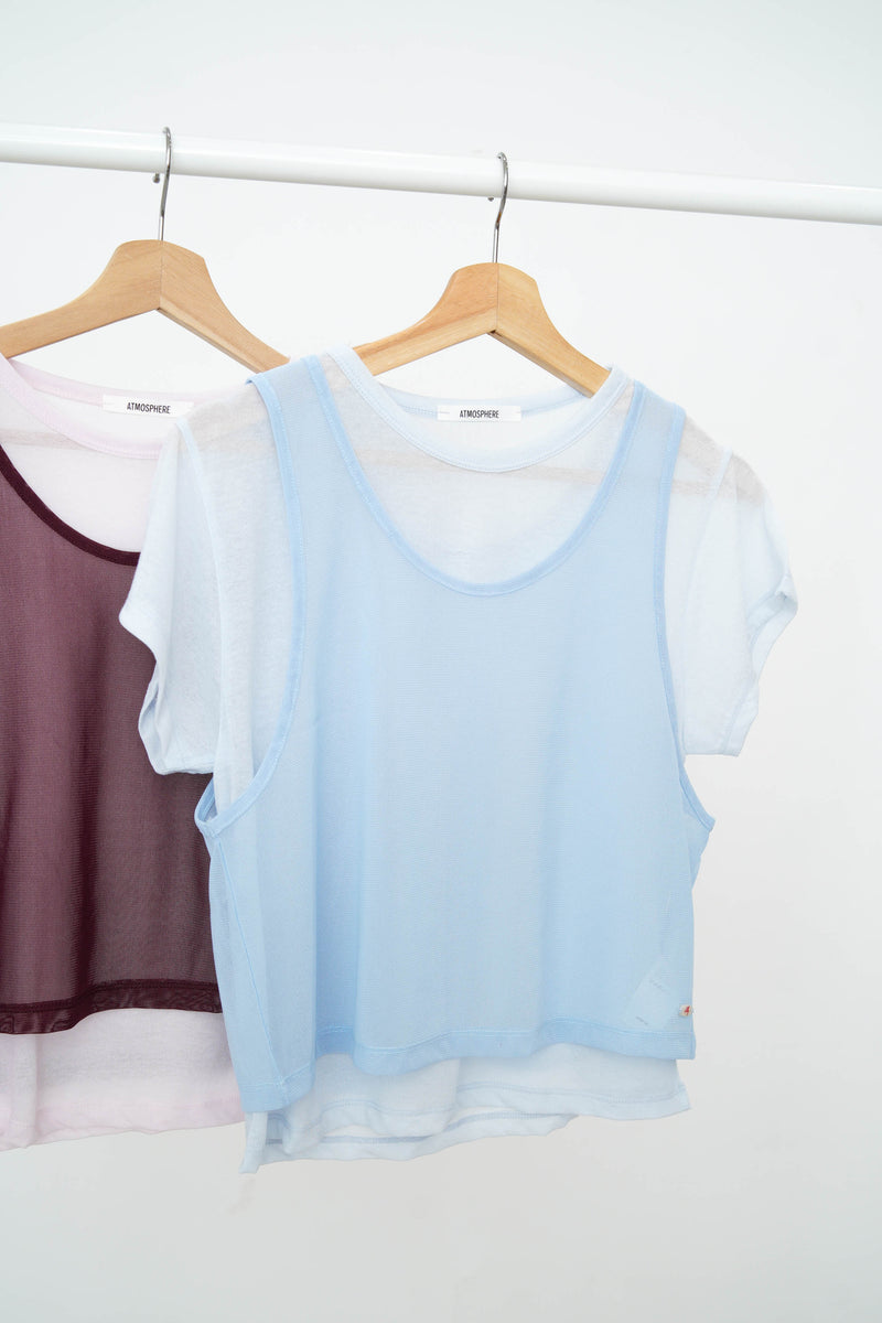 Baby pink thin tee w/ contrast mesh vest