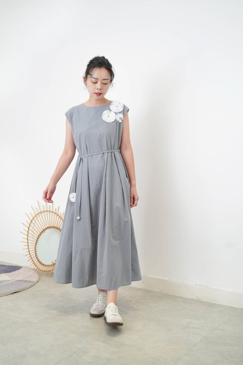Grey blue 3D flower dress w/ strap