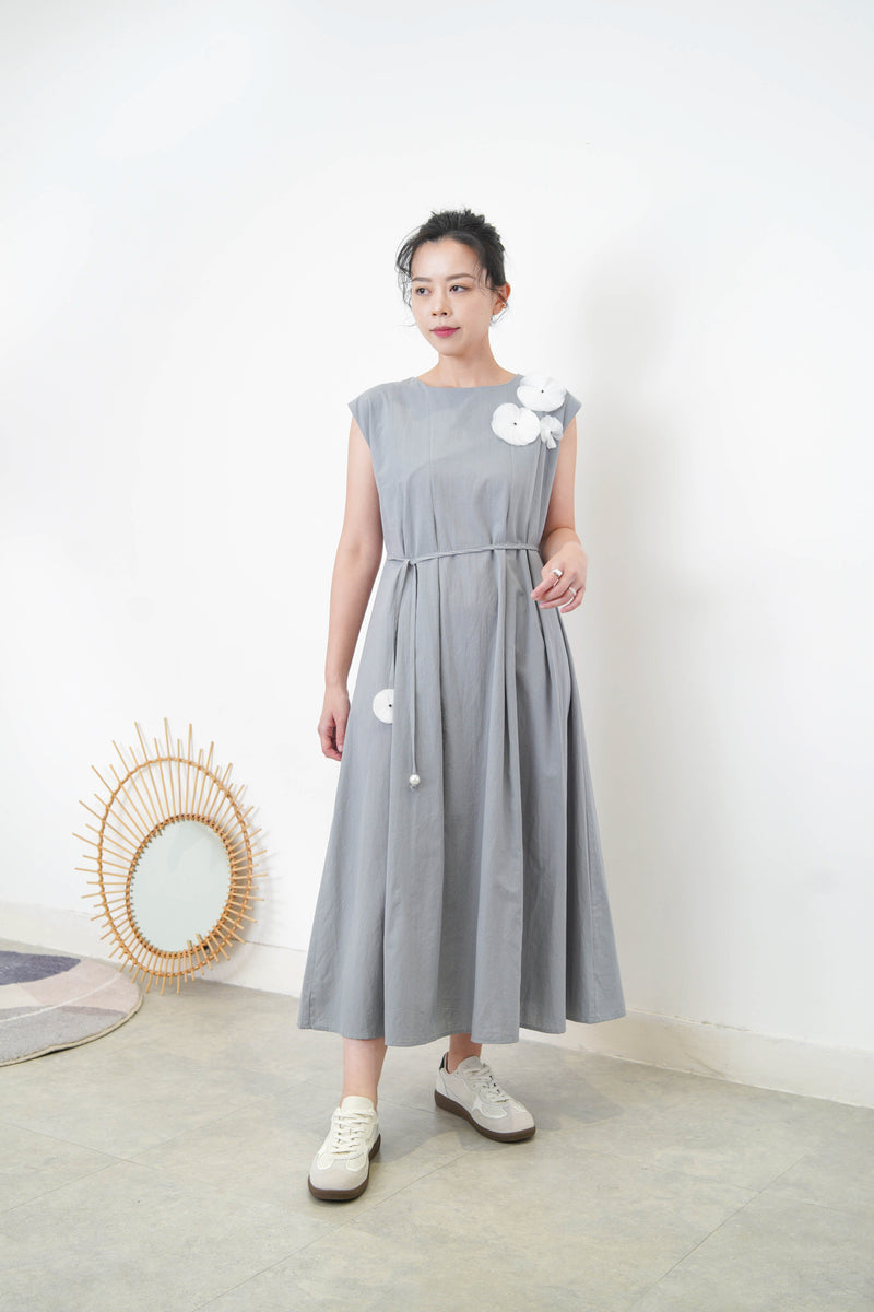 Grey blue 3D flower dress w/ strap