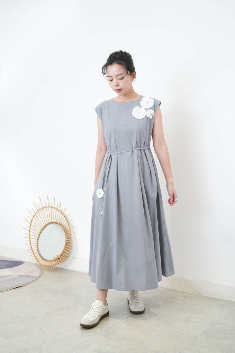 Grey blue 3D flower dress w/ strap