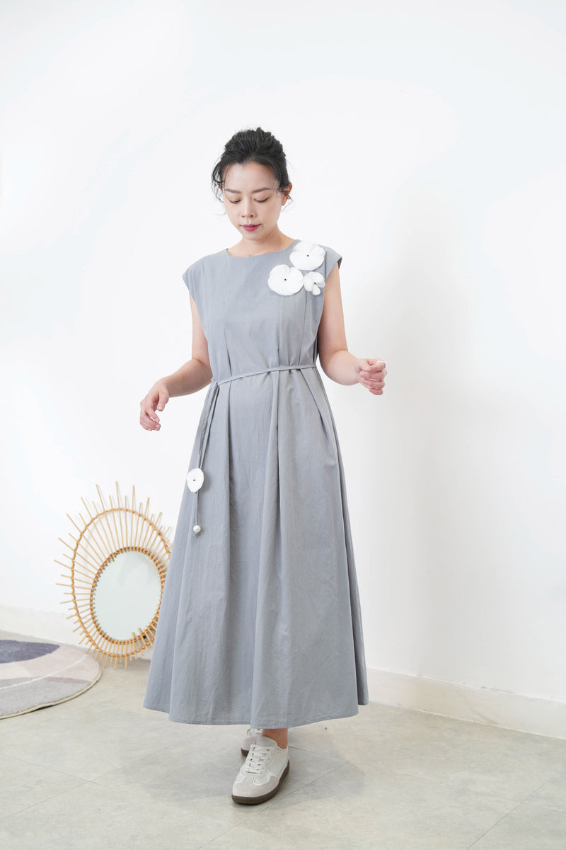 Grey blue 3D flower dress w/ strap