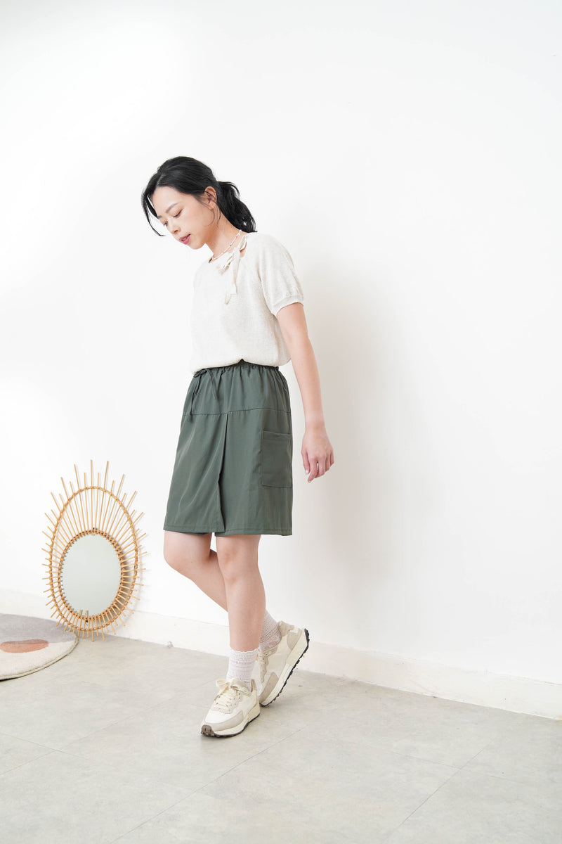 Green wrap skort with elastic waist