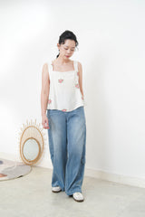 White square neck cami in cross embroidery