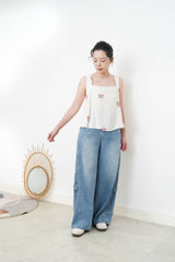 White square neck cami in cross embroidery