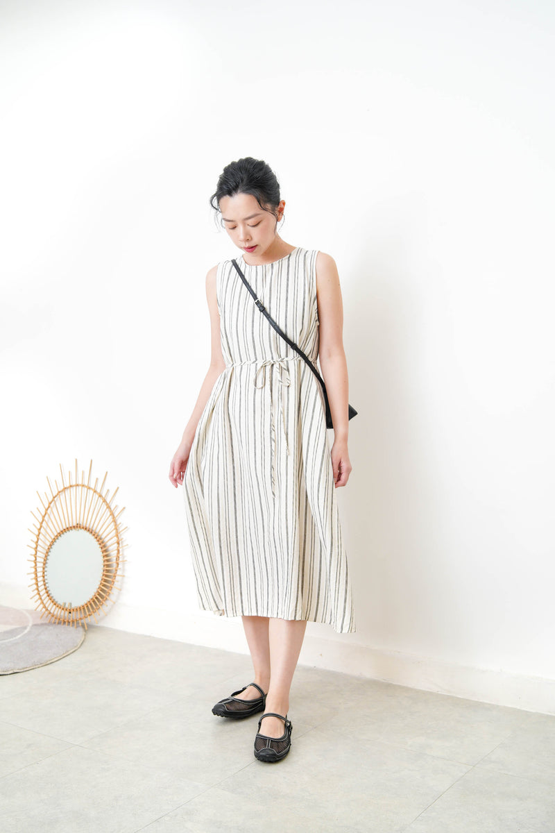 Black stripes linen dress in detail back