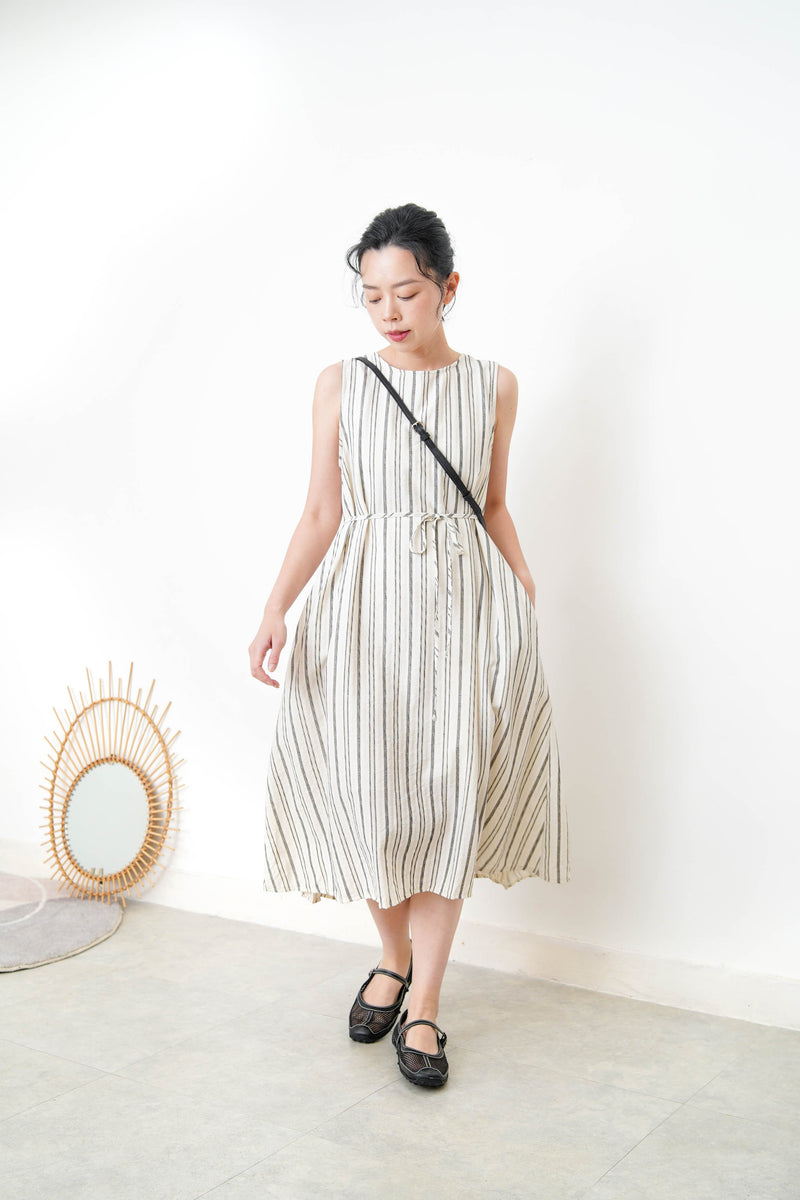 Black stripes linen dress in detail back