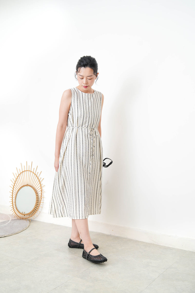 Black stripes linen dress in detail back