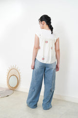 White square neck cami in cross embroidery