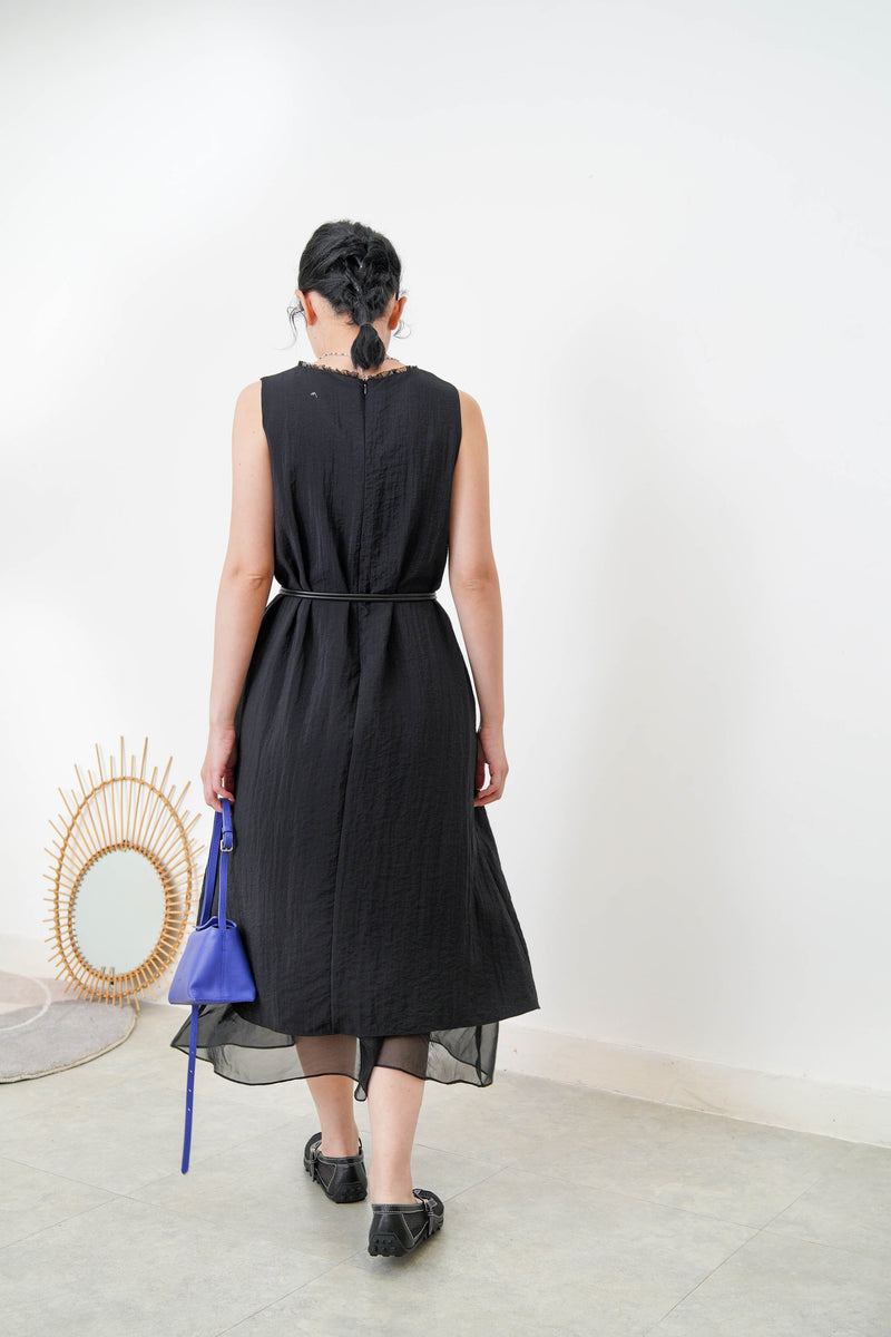 Black lace v neck dress w/ chiffon layering