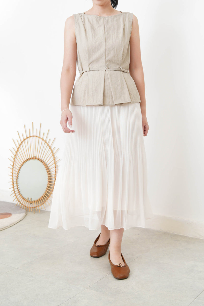 Beige boat neck vest w/ waist belt