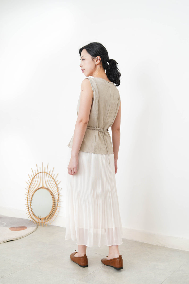 Beige boat neck vest w/ waist belt