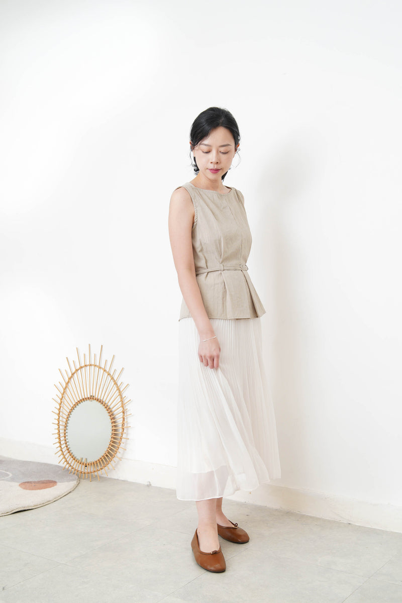 Beige boat neck vest w/ waist belt