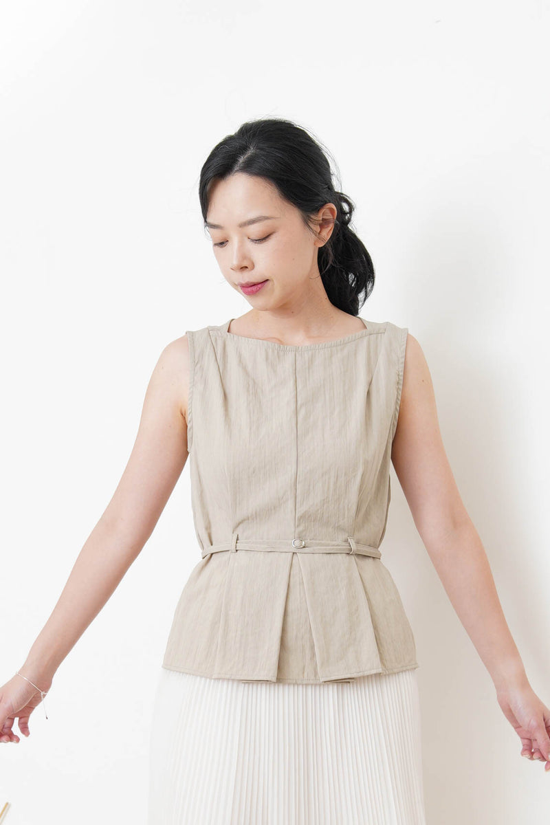 Beige boat neck vest w/ waist belt