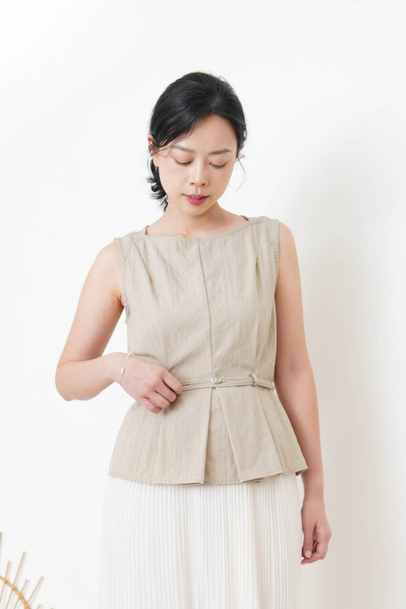 Beige boat neck vest w/ waist belt