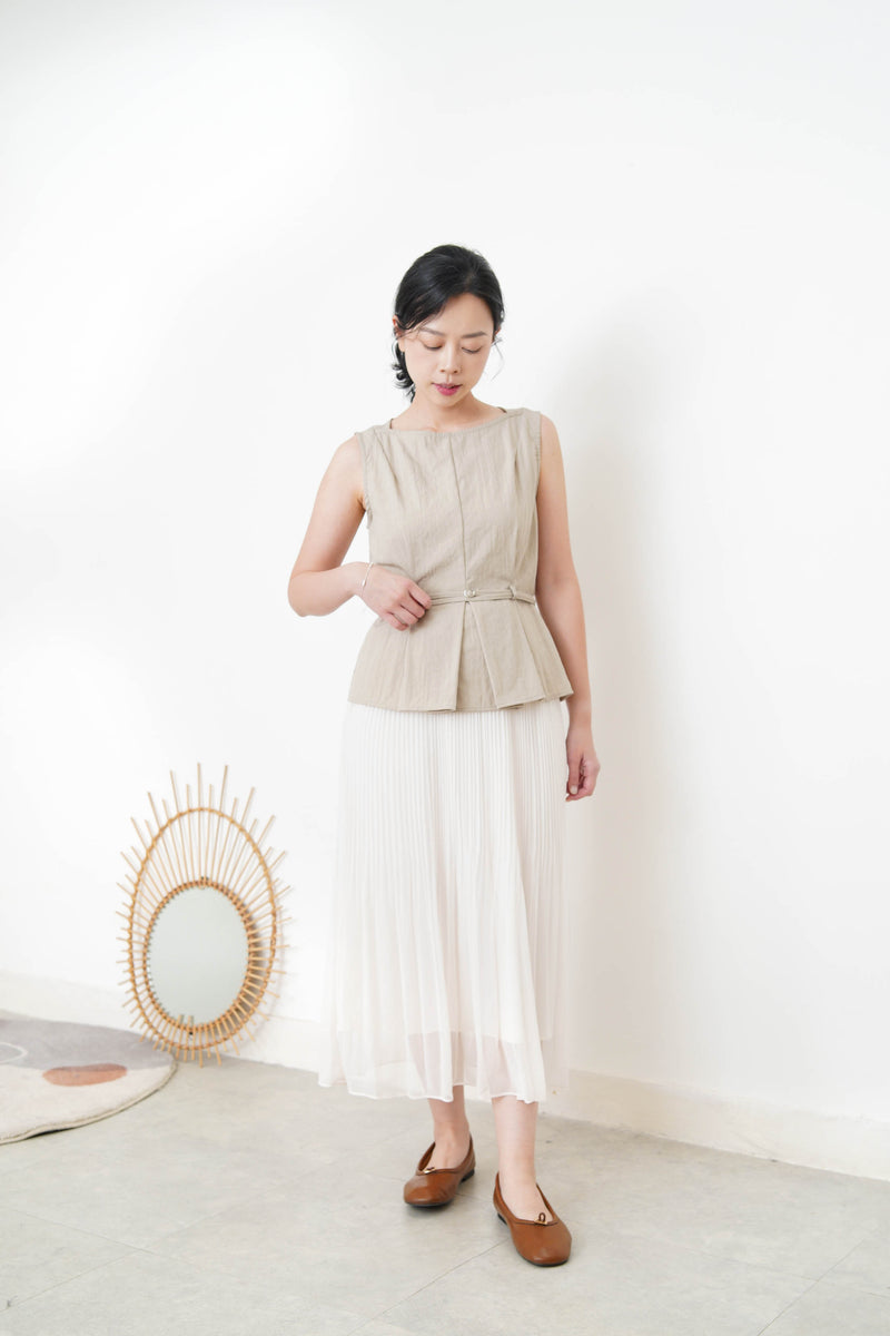 Beige boat neck vest w/ waist belt