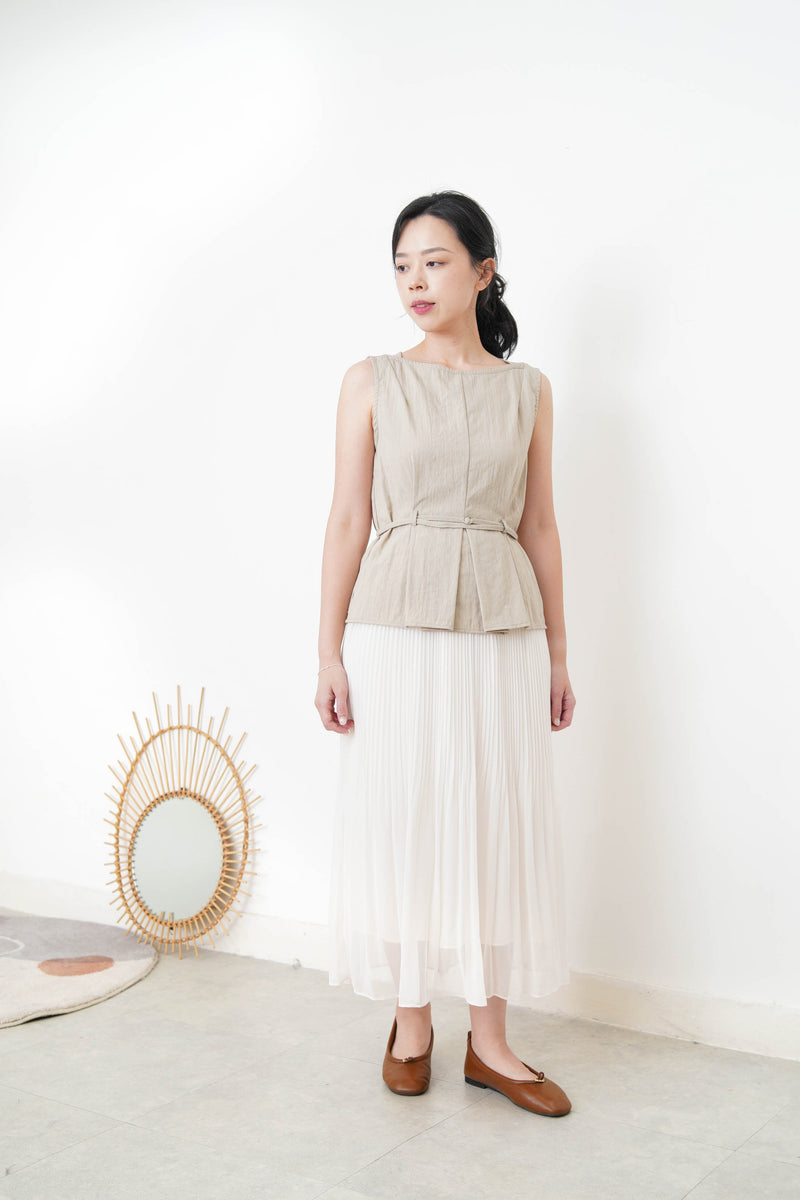 Beige boat neck vest w/ waist belt