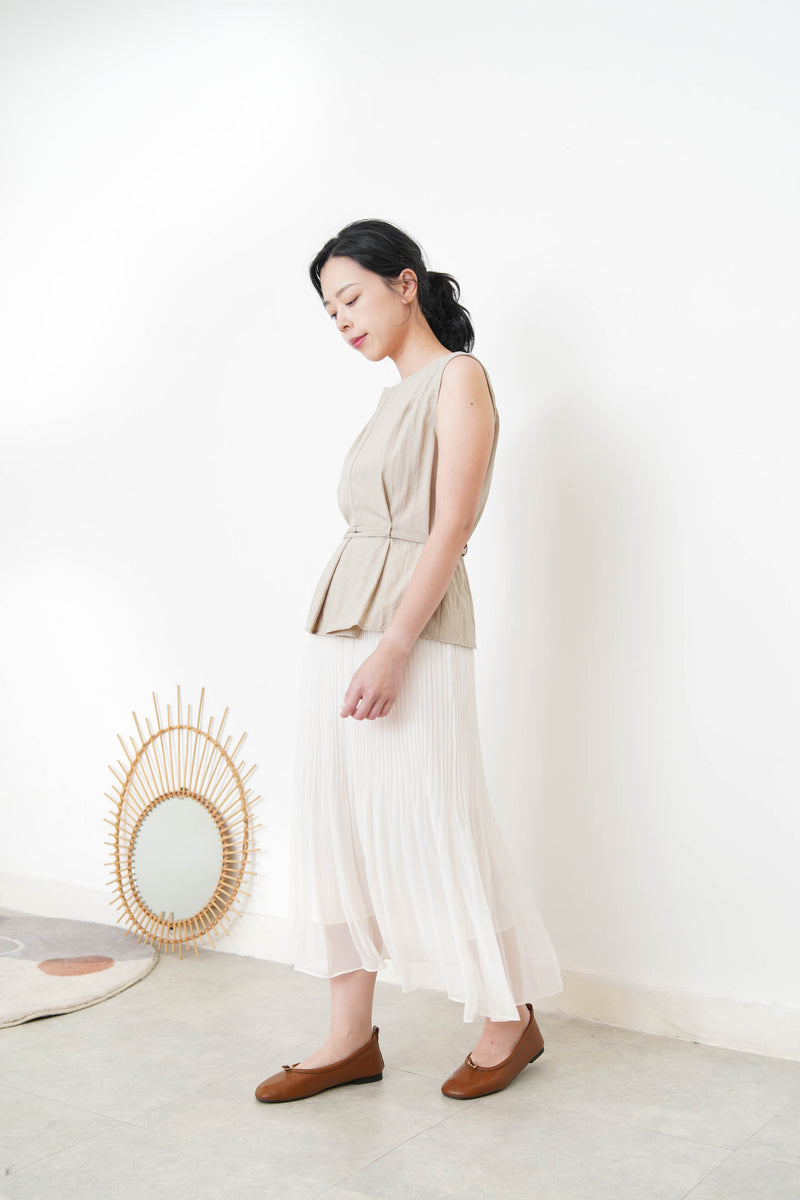 Beige boat neck vest w/ waist belt