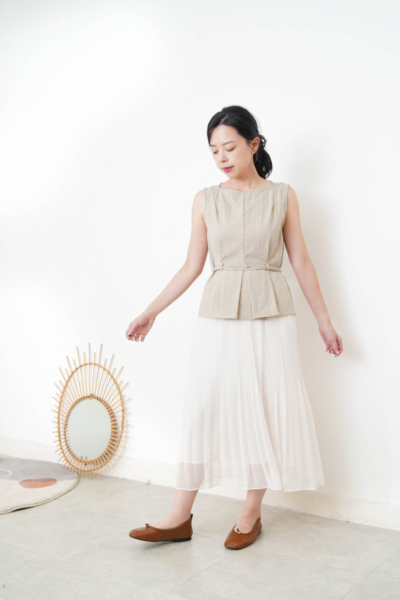Beige boat neck vest w/ waist belt