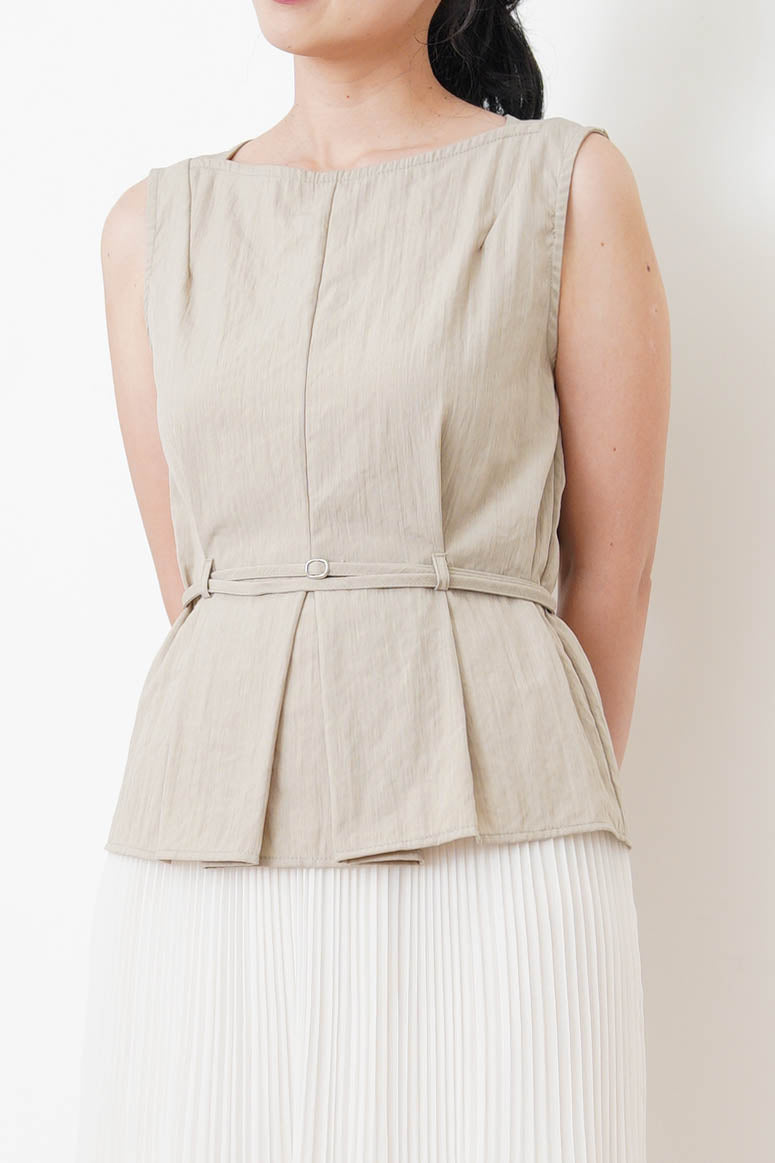 Beige boat neck vest w/ waist belt