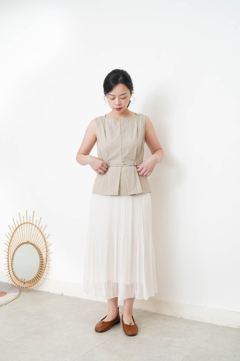 Beige boat neck vest w/ waist belt