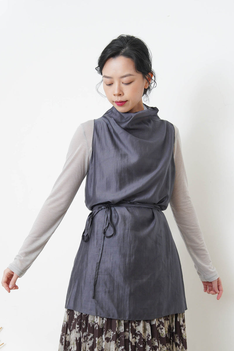 Ivory silky long vest w/ strings
