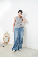 Navy checked vest w/ waist pleats details