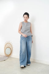 Navy checked vest w/ waist pleats details