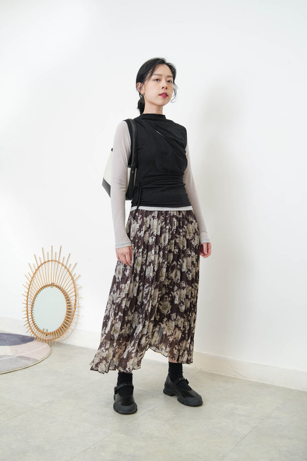 Floral pleats skirt w/ elastic waist