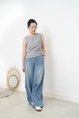 Navy checked vest w/ waist pleats details
