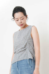 Navy checked vest w/ waist pleats details