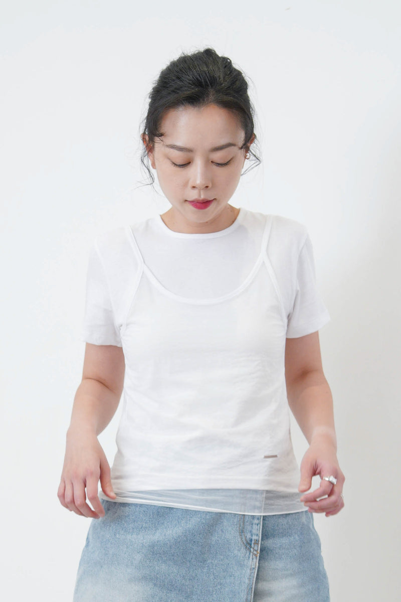 White Tee top in sheer cami layering