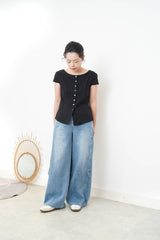 Black elegant fine cut linen blouse w/ thin belt