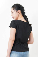 Black elegant fine cut linen blouse w/ thin belt
