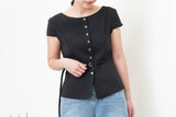 Black elegant fine cut linen blouse w/ thin belt