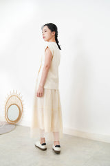 Cream split hem vest w/ gather waist details